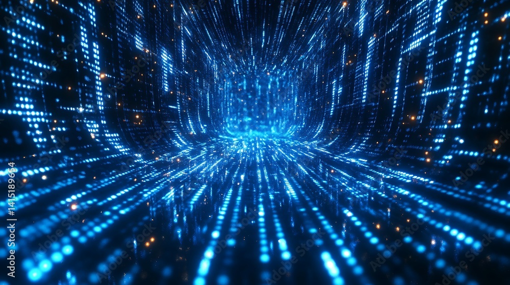 Fototapete futuristic digital data stream, futuristic digital data stream with glowing binary code in blue and 