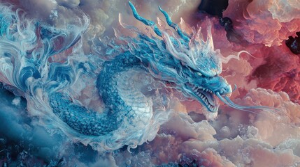Digital art of elemental blue dragon, frosty breath visible in cloudy heavens