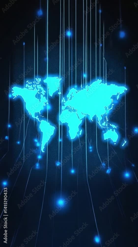 Poster a glowing world map emerges from vertical streams of blue data in a vertical video. concept of globa