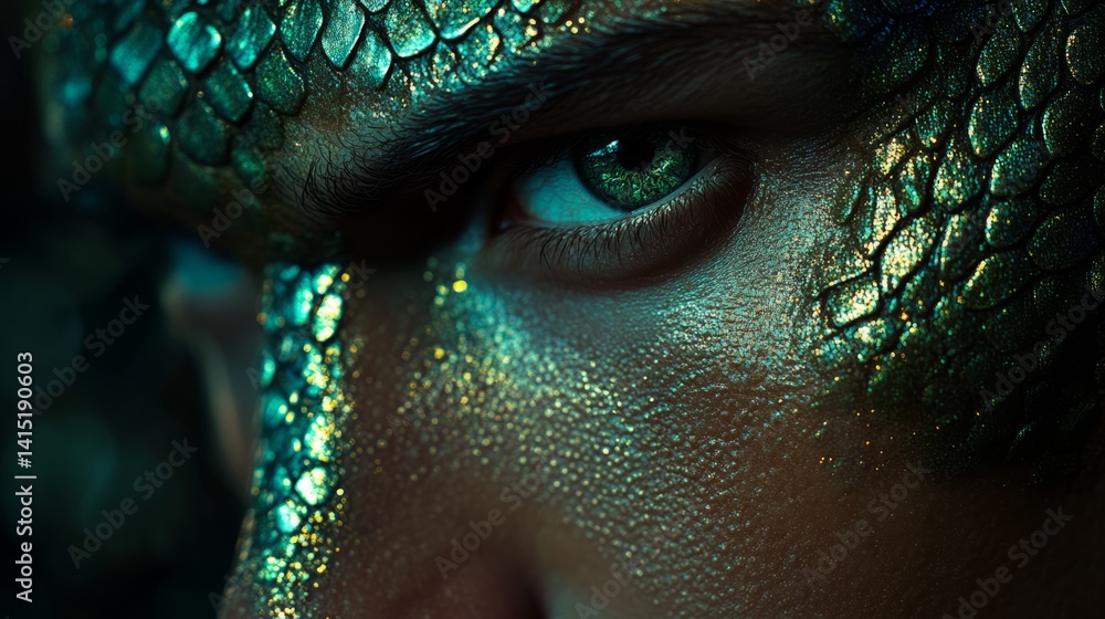 Poster a captivating man with mesmerizing snake-like eyes stares intently, his face intricately adorned wit