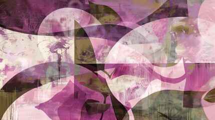 Abstract artistic paintbrush purple and green layered composition with transparent organic shapes and textured background