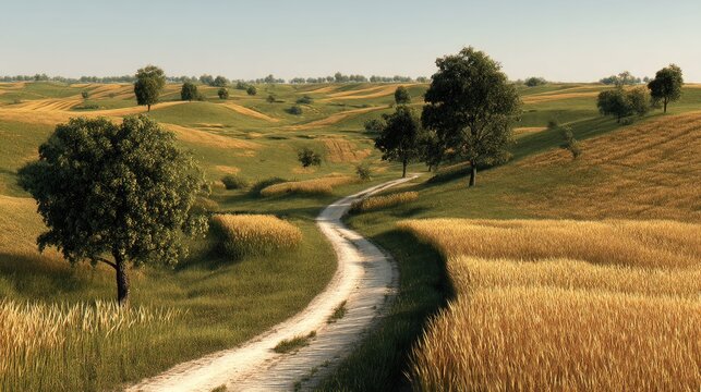 Winding dirt road through a golden wheat field and rolling hills. - Powered by Adobe