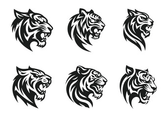 A tiger head logo and tattoo on a white background that is completely silhouetted. Wild animal.