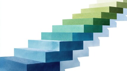 Colorful steps arranged in a gradient from light blue to dark green represent the journey of continuous improvement through the kaizen philosophy. Each step signifies progress and growth
