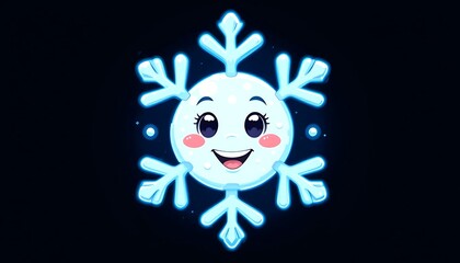 Obraz premium Adorable Cartoon Snowflake Character with a Happy Face, Glowing Blue Winter Design for Holiday Greetings