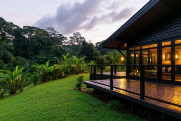 Modern tropical cabin with wooden deck overlooking lush jungle at sunset.