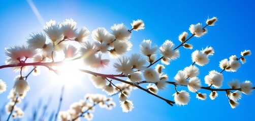 Sunlight illuminates delicate, fluffy willow catkins against a vibrant blue spring sky, Sunlit, Light