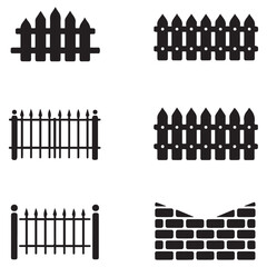 Fence icons set isolated on white background. Garden fence icons set. Outline set of garden fence Vector Black silhouettes icons