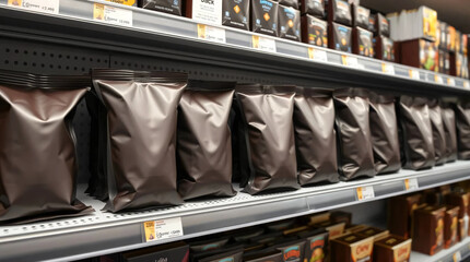 Empty dark brown snack packaging mockup arranged on supermarket shelf