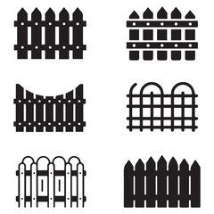 Fence icons set isolated on white background. Garden fence icons set. Outline set of garden fence Vector Black silhouettes icons