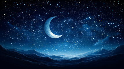 Fototapeta premium Crescent moon illuminates a starry night sky above a rolling landscape bathed in a cool blue hue