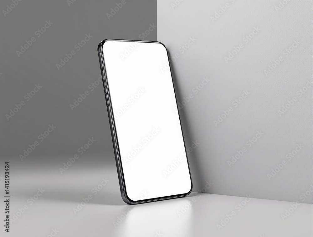 Poster blank smartphone screen mockup leaning against wall, minimal style, isolated on gradient background.