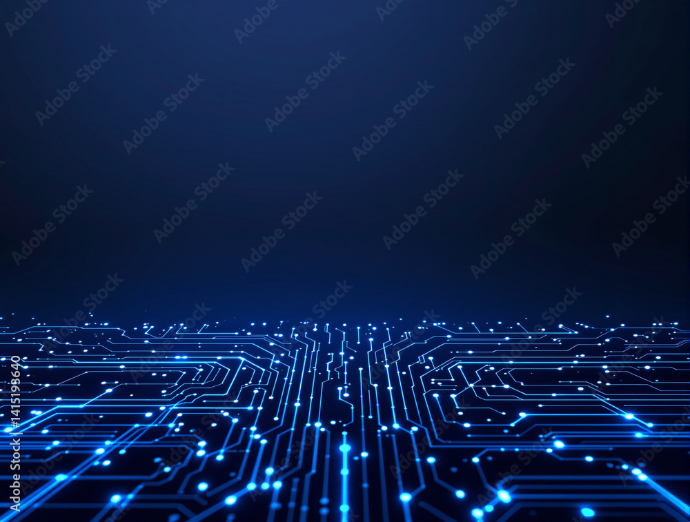 Poster blue glowing circuit board pattern on dark gradient background, futuristic digital tech concept, tec