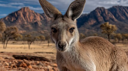 Obraz premium A kangaroo looks directly at the camera. Mountains, trees fill the background