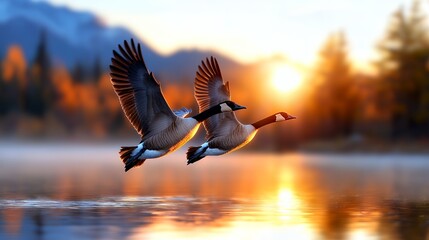 Two canada geese soaring during sunset scenic flight