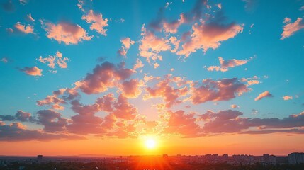 Naklejka premium Sunset over cityscape, vibrant clouds