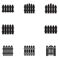 Fence icons set isolated on white background. Garden fence icons set. Outline set of garden fence Vector Black silhouettes icons