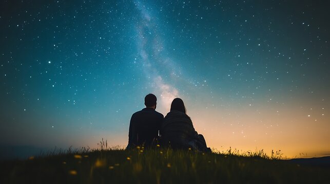 Starry night scene with a couple gazing at the milky way.
