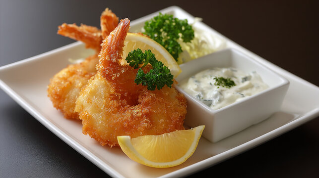 Ebi fry golden and crispy tartar sauce and lemon sli