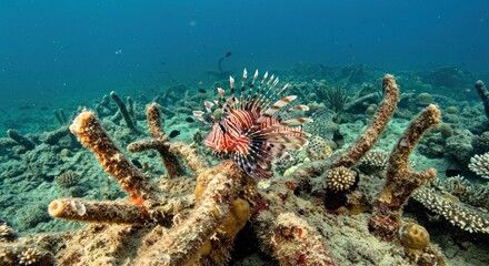 A striking Red Lionfish (Pterois volitans) hovers amidst a decimated coral reef landscape with bleached coral skeletons, highlighting invasive species impact.