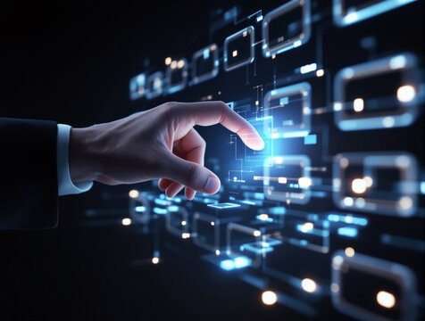 Hand touching glowing interface with digital boxes and tech lines, futuristic style, on a dark background. Concept of innovation and user interaction. Ai generative