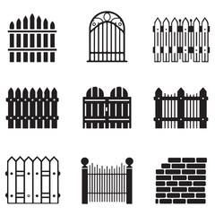 Fence icons set isolated on white background. Garden fence icons set. Outline set of garden fence Vector Black silhouettes icons