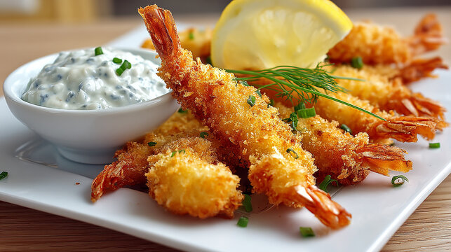 Ebi fry golden and crispy tartar sauce and lemon sli