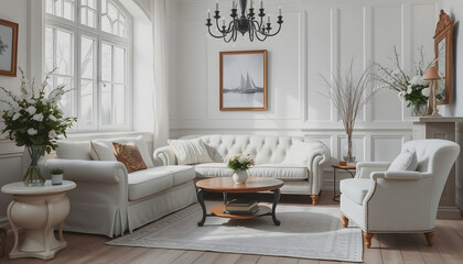 Interior of a snow-white living room with a vintage sofa and flowers, mindfulness theme