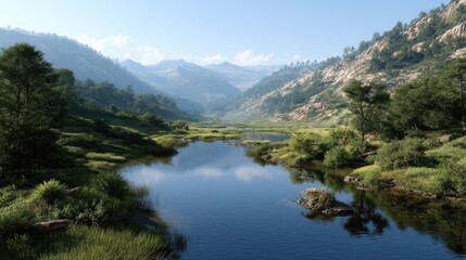 Fototapeta premium Serene mountain valley reflected in a placid lake.