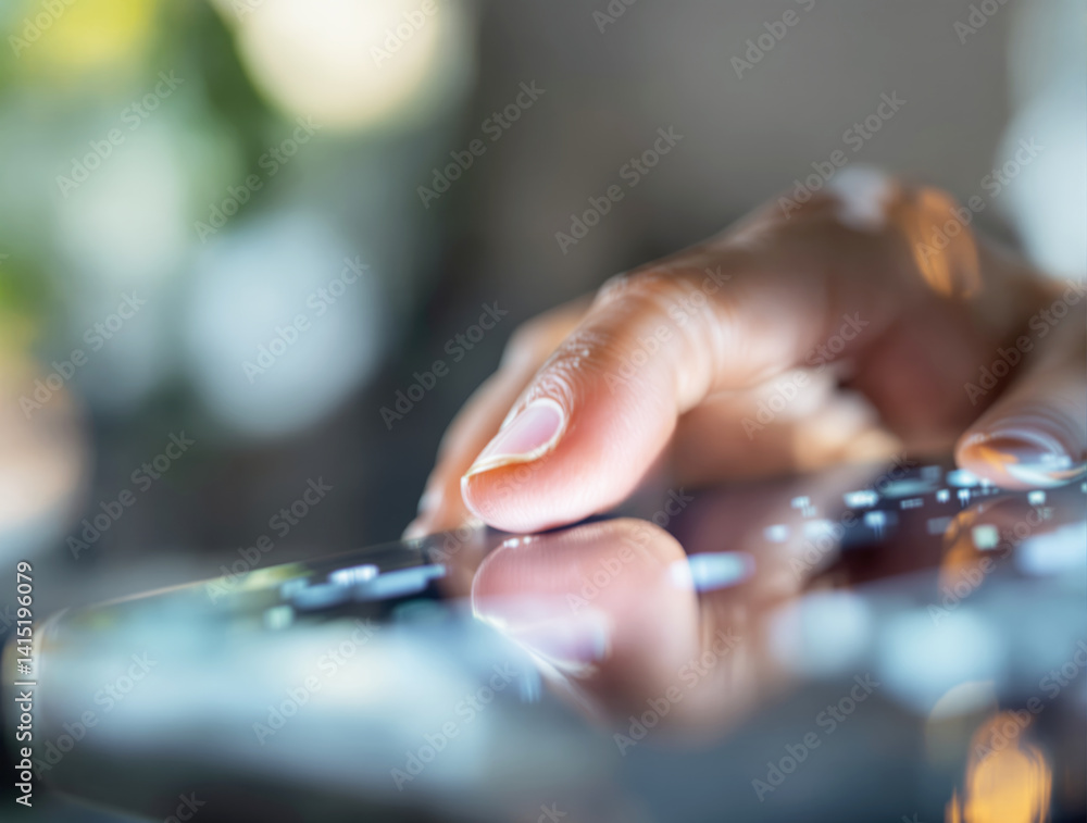 Poster close-up of a hand touching a smartphone screen with glowing digital interface, soft focus style, bl