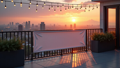 Horizontal banner mockup. Empty banner template on urban balcony during golden hour with hanging lights and panoramic cityscape ideal for event signage or real estate ads