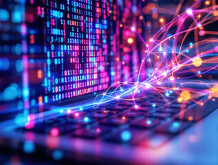Binary code and abstract glowing network lines over a laptop keyboard in a futuristic neon tech background concept. Ai generative