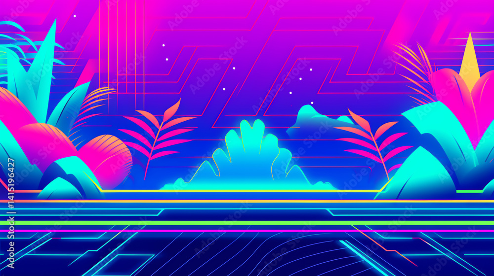 Poster This vibrant jungle scene features neon colors and dynamic shapes, creating an exciting digital landscape. Ideal for art and graphic design projects.