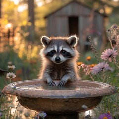 Cute raccoon enjoying a drink from a garden bird bath.