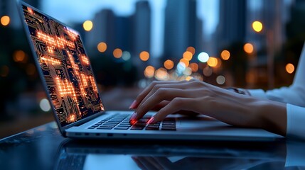Typing hands on laptop with illuminated circuit board screen