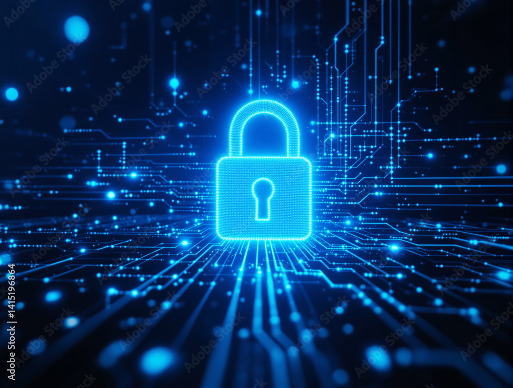 Poster glowing padlock icon among abstract circuit lines in neon blue tech style on dark digital background