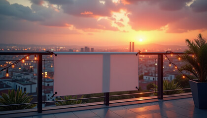 Horizontal banner mockup. Horizontal blank banner mockup on rooftop terrace with string lights and sunset view over modern city skyline for urban outdoor advertising display
