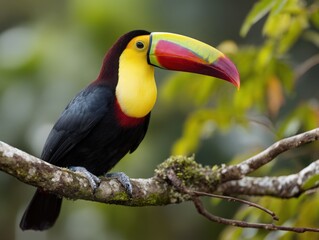Obraz premium Striking Yellow-throated Toucan perched on a mossy branch, showcasing vibrant colors and tropical wildlife. Ideal for nature documentaries, birdwatching guides, and ecotourism promotions.