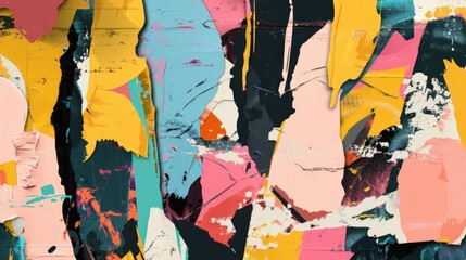 Fototapeta premium Vibrant abstract composition with colorful geometric shapes, dots, lines and stripes with textured paint brushstrokes background