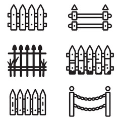 Fence icons set isolated on white background. Garden fence icons set. Outline set of garden fence Vector Black silhouettes icons