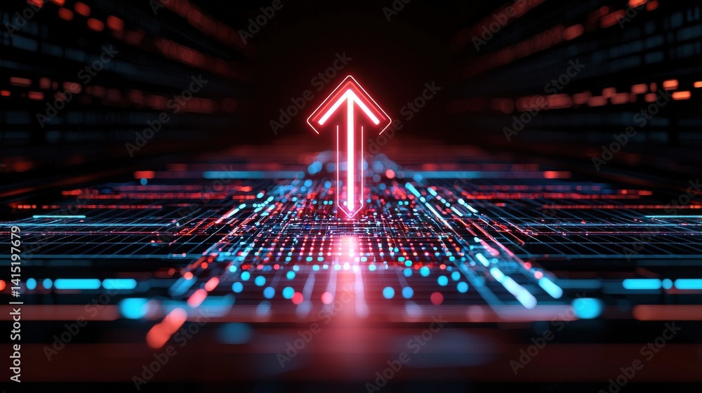Poster a dynamic digital scene featuring a glowing arrow, symbolizing progress and technology, surrounded b