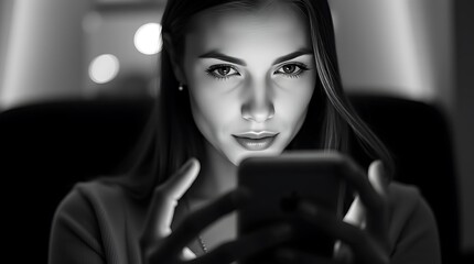 Monochrome portrait of a woman using a smartphone in a dark setting