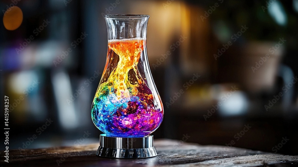 Poster Colorful liquid art laboratory setting vibrant drink display creative environment close-up view science concept