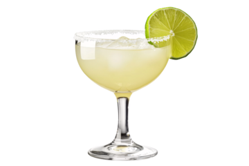 A refreshing margarita, perfectly chilled and garnished with a lime wedge, inviting a taste of summer relaxation in a classic coupe glass.