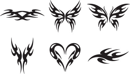 A set of six black tribal tattoo designs arranged in two rows on a white background. vector illustration 
