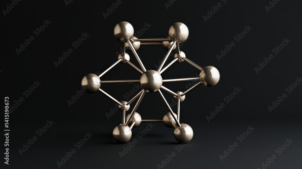 Poster a metallic molecular structure with interconnected spheres, set against a dark background, represent