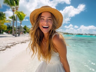 Radiant woman laughing on a tropical beach, embodying carefree joy and summer vacation. Perfect for travel blogs, tourism marketing, and lifestyle advertisements.
