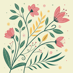 Fototapeta premium Botanical doodle background art vector set. Flower and leaves abstract shape doodle art design for print, wallpaper, clipart, wall art for home decoration 