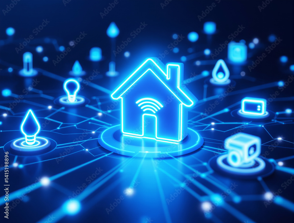Poster glowing smart home symbol connected to various digital icons in neon blue style on futuristic tech b