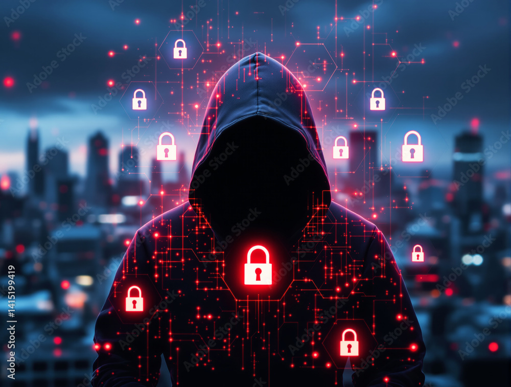 Poster hooded figure surrounded by glowing padlocks and digital data nodes in a tech graphic style on a cit